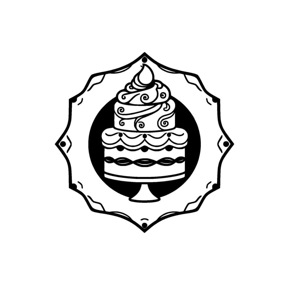 Elegant Black and White Cake Emblem TwoTiered Dessert Within Ornate, Decorative StarShaped Frame, Illustrative . vector