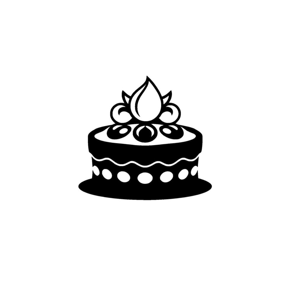 Minimalist Black and White Birthday Cake with Decorative Frosting, Cherries, and a Unique Topping on a White Backdrop. vector