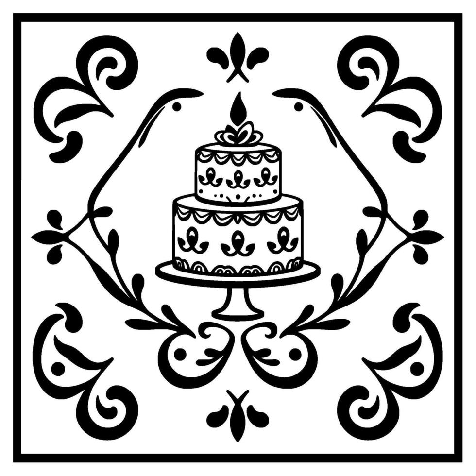 Elegant Black and White Illustration TwoTiered Birthday Cake on a Pedestal with a Candle, Surrounded by Floral and Scroll Border. vector