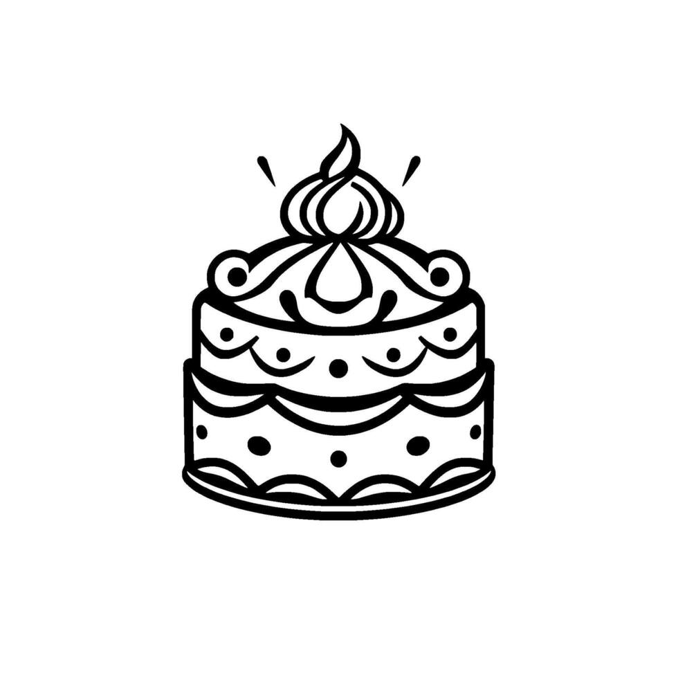Elegant twotiered cake illustration with decorative swirls, dots, and ornate top, rendered in black and white, conveying a sense of celebration and festivity. vector