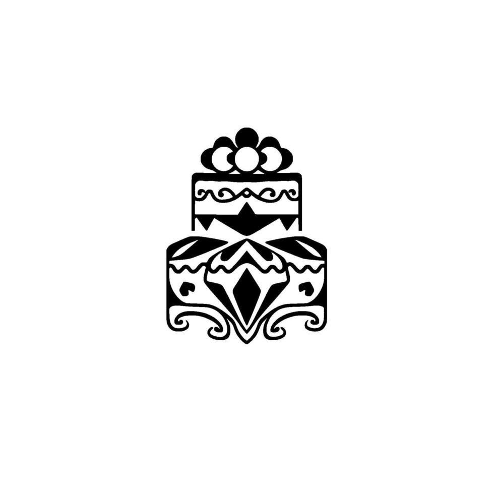 Twotiered black and white stylized cake illustration featuring symmetrical ornate elements and flowerlike toppers, minimalist aesthetic. vector
