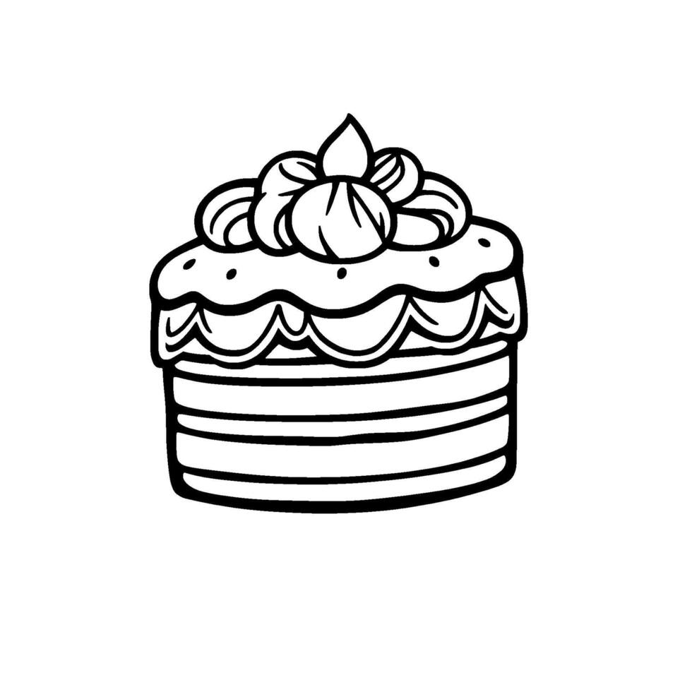 Simple monochrome illustration of a round layered cake with ornate frosting and piped cream decoration on top. vector