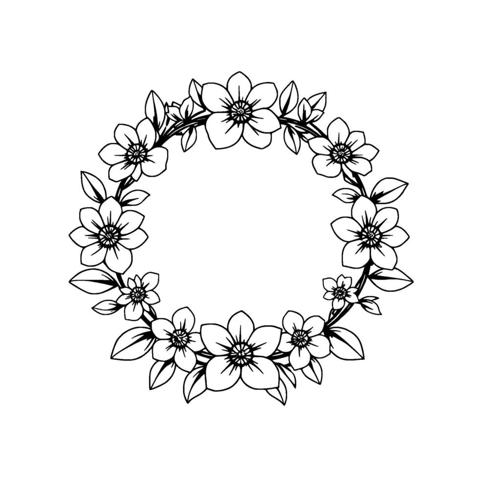 An elegant, monochrome floral wreath illustration, featuring detailed line art of blooming flowers and leaves forming a circular arrangement, perfect for . vector
