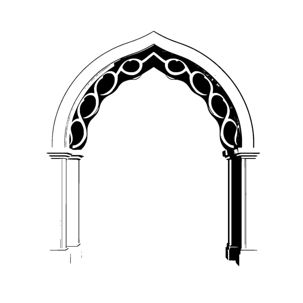 Architectural Study A Monochromatic Gothic Arch with Decorative Interior Detailing, Centered Against a White Background. vector
