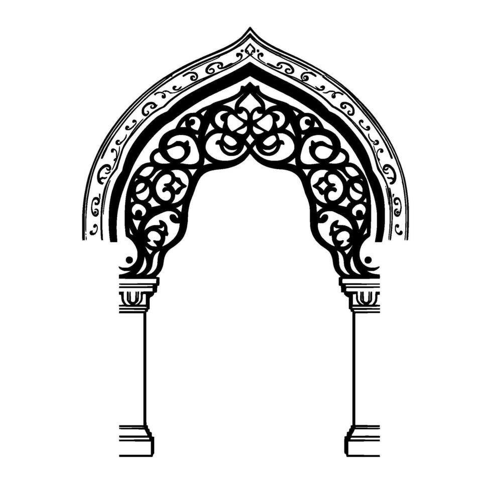 Black and white ornamental archway illustration with floral patterns, supported by pillars, Islamic elements on white. vector