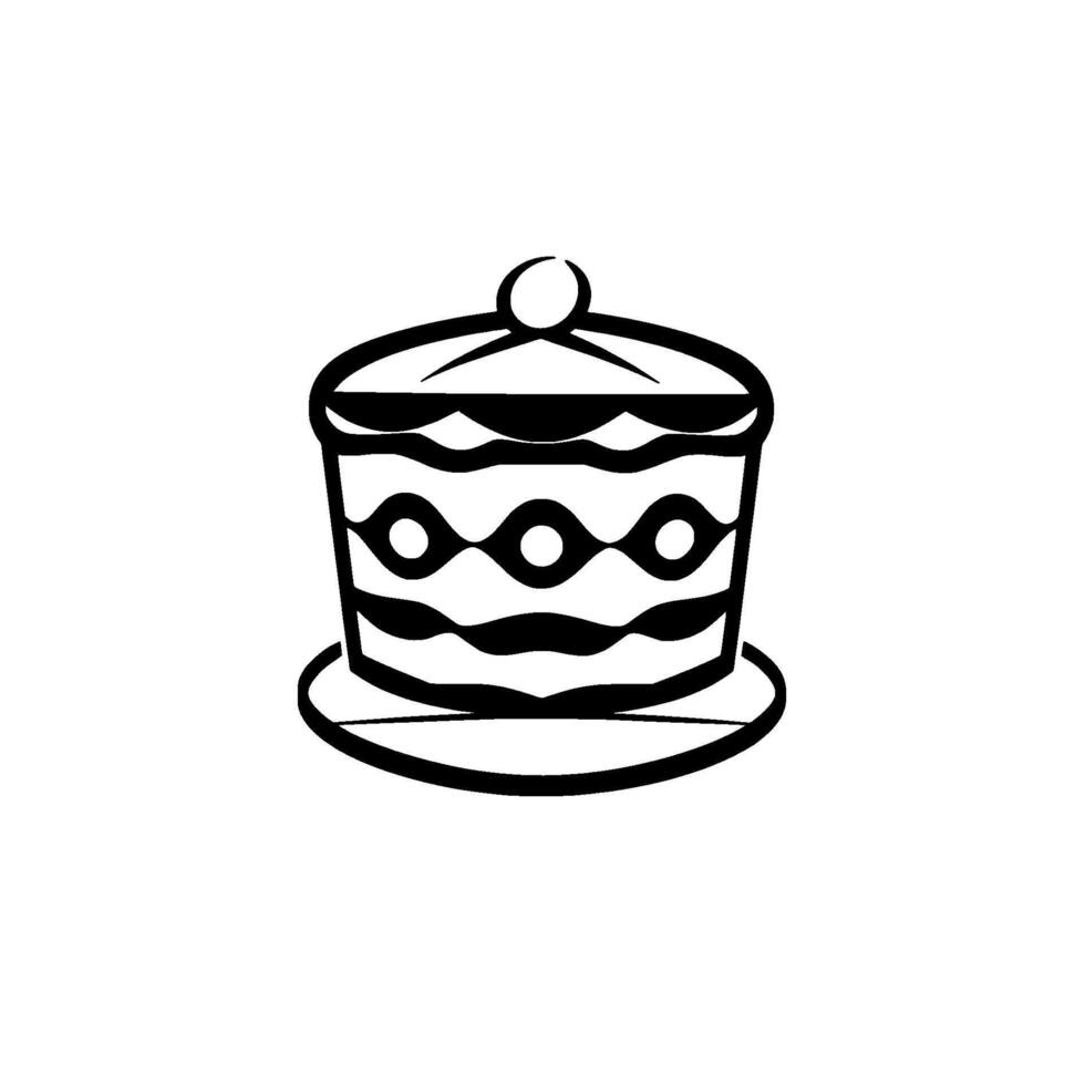 Minimalist black and white illustration of a stylized cake, with a lid and layered on a plate, clean lines. vector