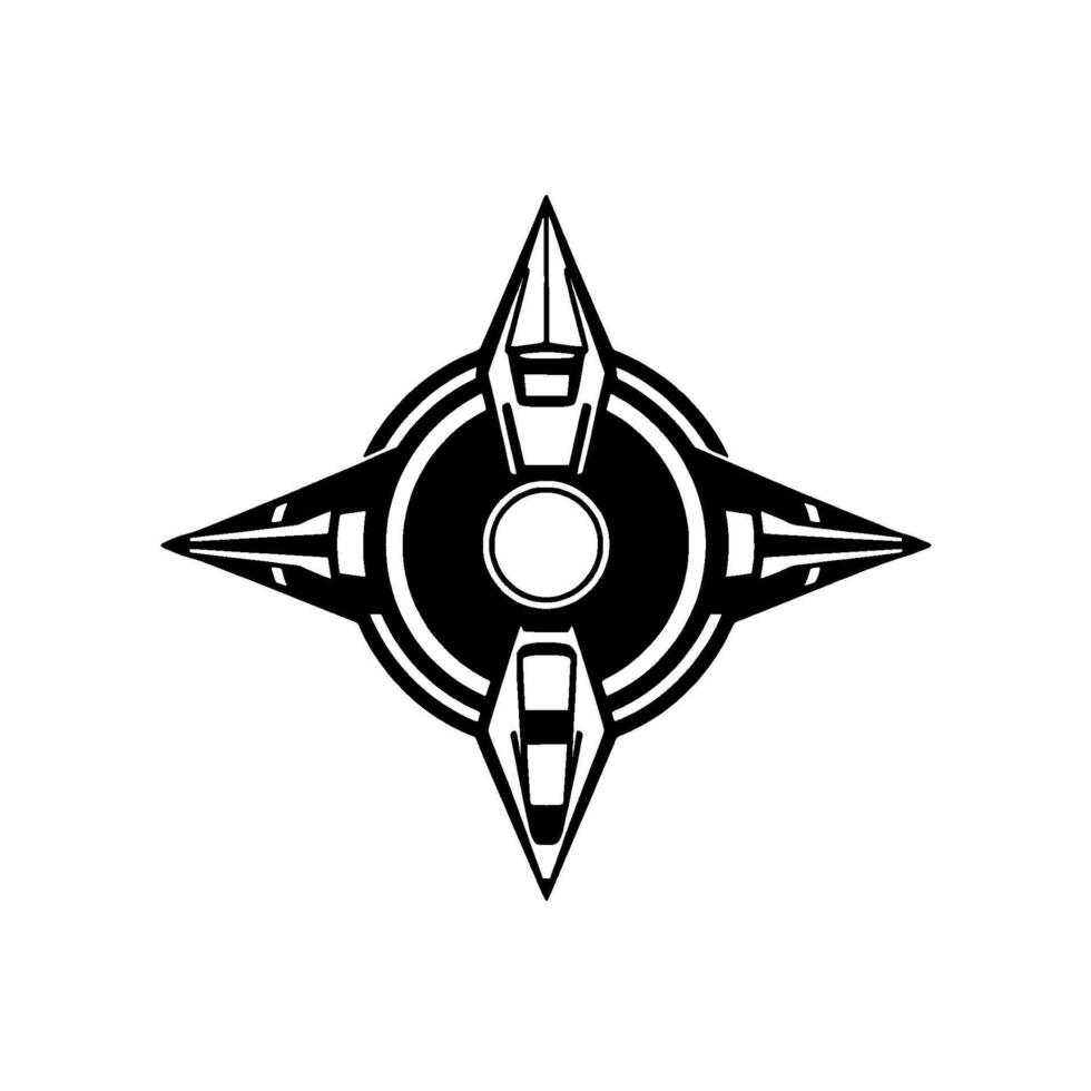 Abstract Geometric Black and White Symmetric A FourPointed Starburst with Circular and Angular Elements, Minimalist Aesthetic. vector