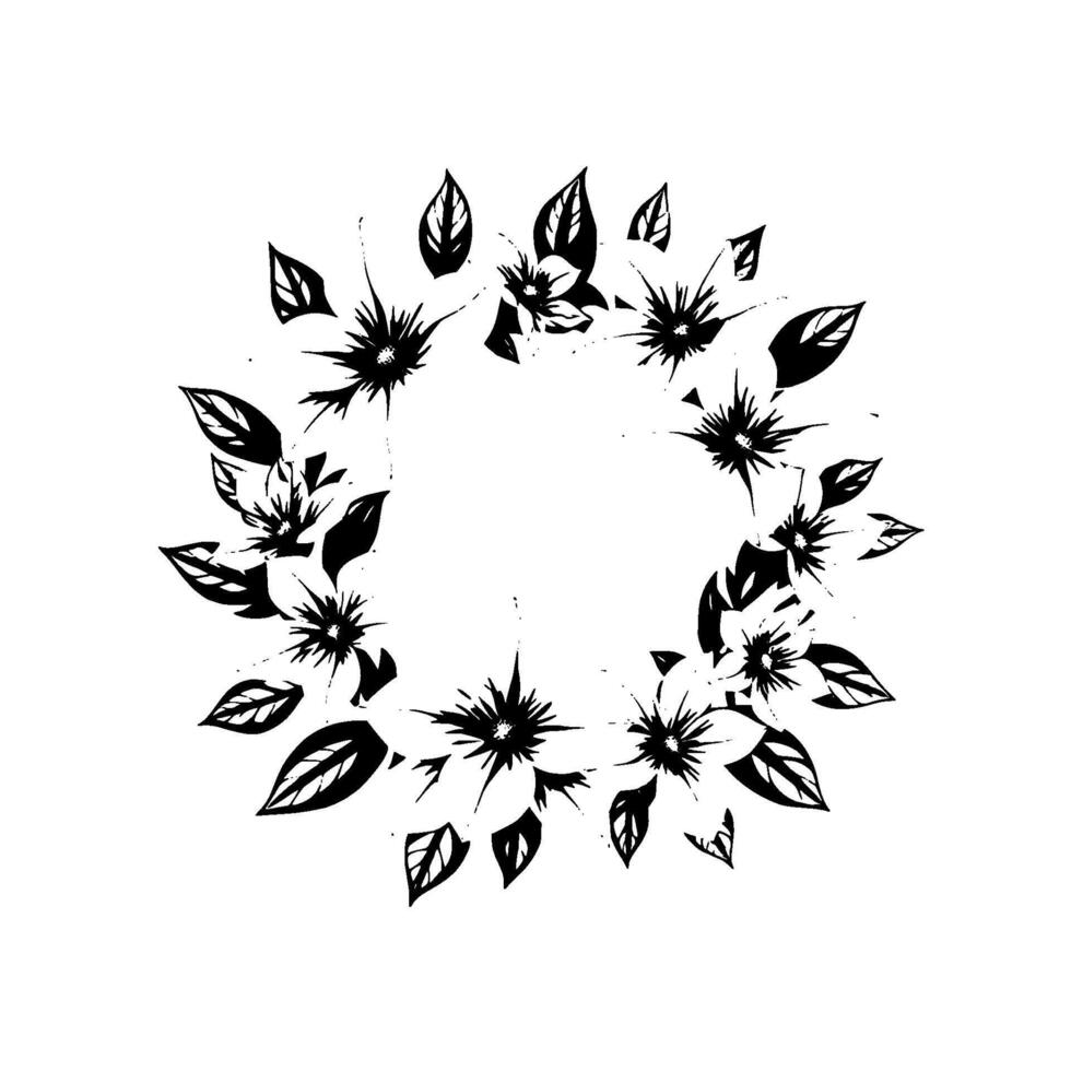 Elegant Black and White Floral Wreath Illustration, Featuring Detailed Petals and Foliage, Centered on a White Background. vector
