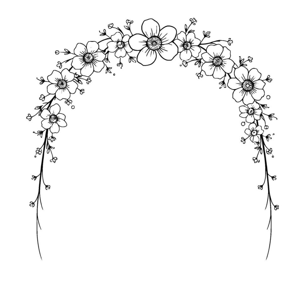 Elegant Black and White Floral Arch Illustration Delicate Line Art of Flowers and Leaves Forming a Decorative Border. vector