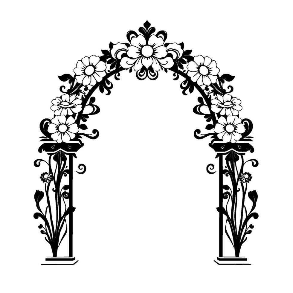 Elegant Black and White Floral Archway Illustration with Detailed Daisylike Flowers, Vines, and Scrolling Architectural Elements. vector