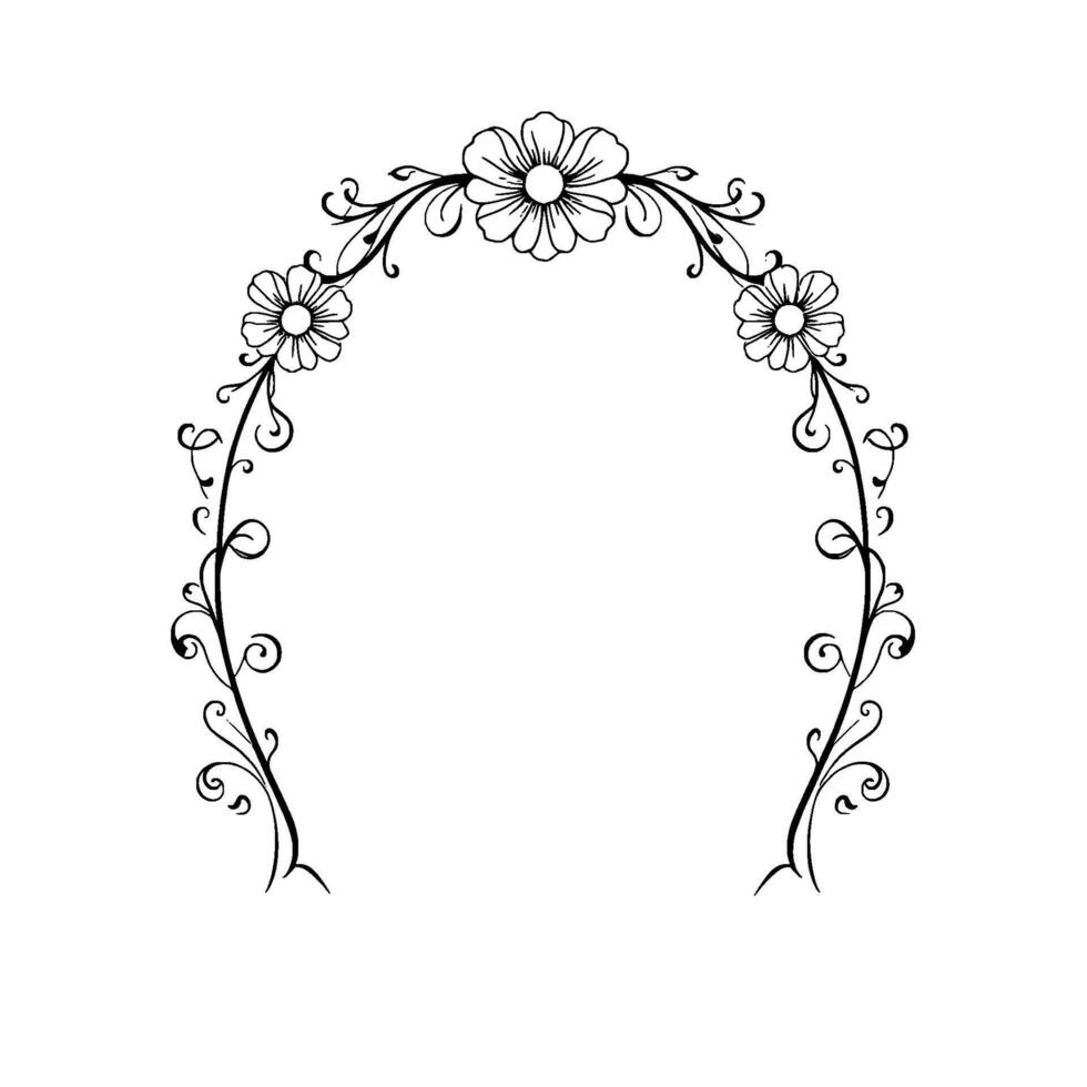 Elegant, intricate floral archway in black and white, featuring symmetrical placement of flowers and curling vines, set against a clean white background. vector