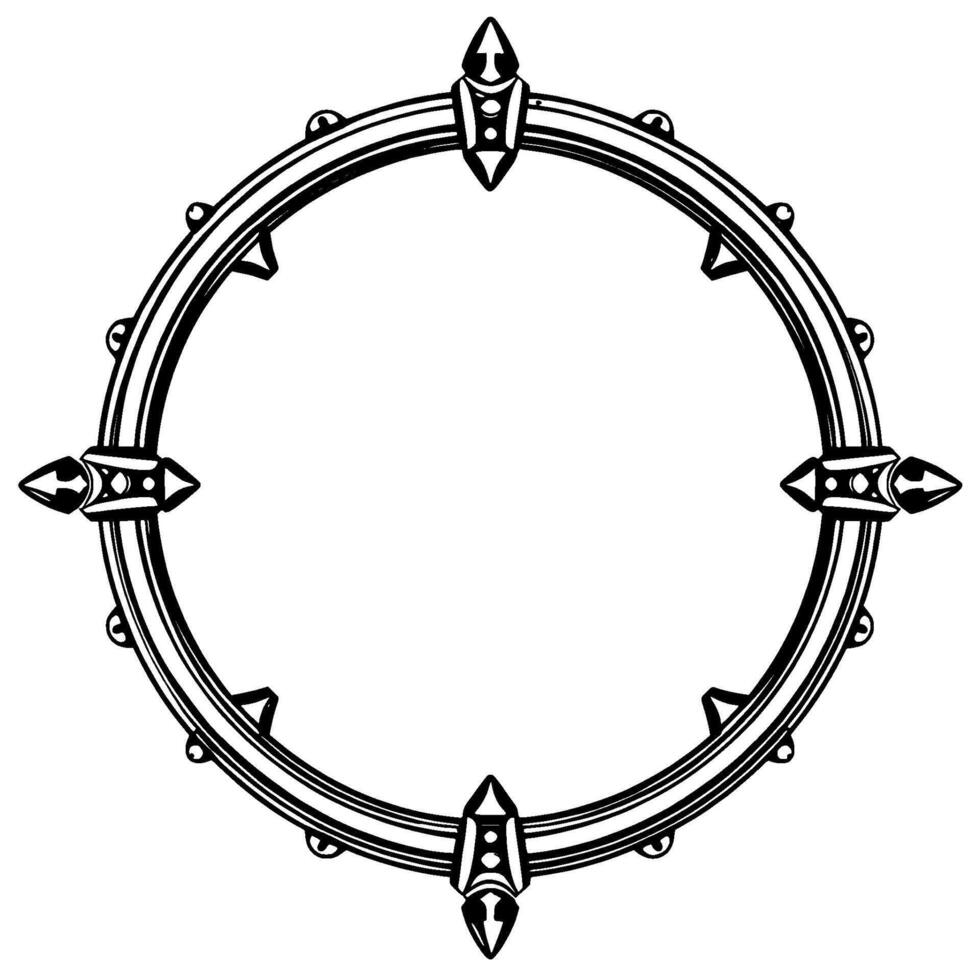 Circular ornamental in black and white, featuring detailed line art with spiky adornments and rounded details around its perimeter, stylized framing. vector