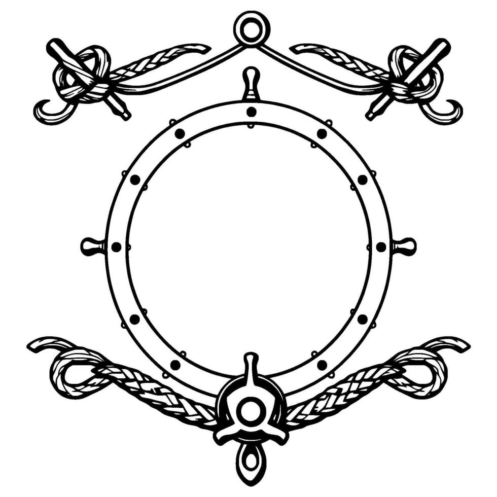 Intricate Black and White Nautical Illustration with a Ships Wheel, Rope Accents, and Decorative Knots, Ideal for CoastalThemed Designs. vector