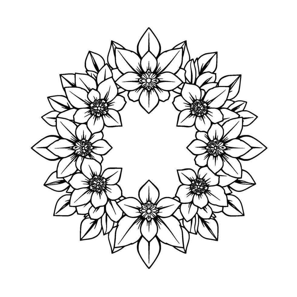 Intricate Black and White Floral Wreath A Delicate, Symmetrical Arrangement of Detailed Flowers and Leaves. vector