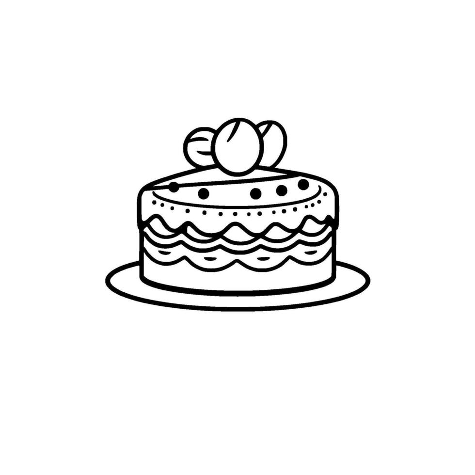 Simple black and white line art illustration of a layered cake with decorative dots and wavy accents, topped with three decorative elements, sitting on a plate. vector