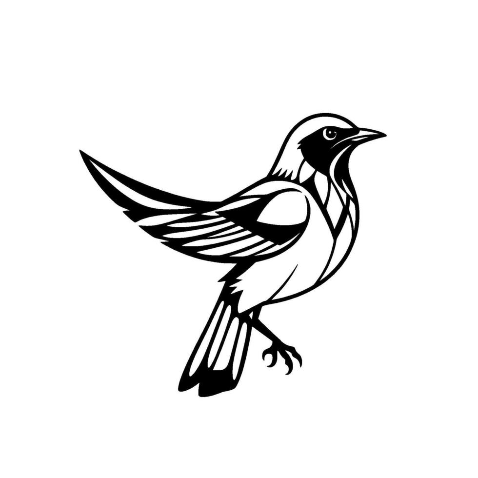 A minimalist stylized black and white illustration of a songbird with spread wings, showcasing a clean . vector