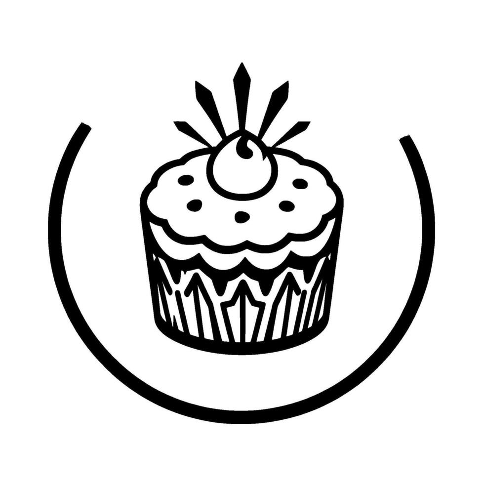 Black and white cupcake illustration with a cherry on top, encircled by a thick black line, element. vector