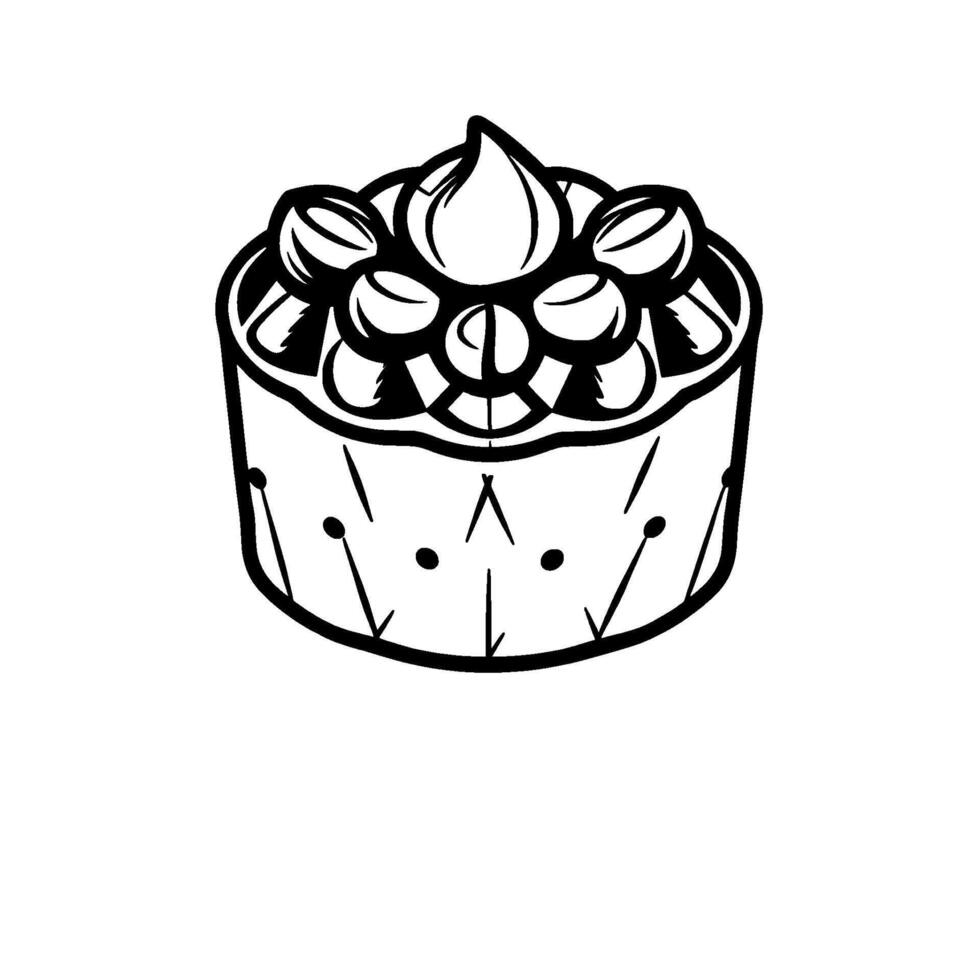 Intricate Black and White Illustration of a Cupcake Creamy Topping with Berries, Detailed Bakery vector