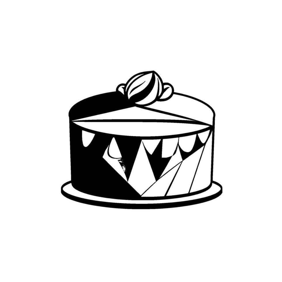 Stylized Black and White Cake Illustration with Geometric , Decorative Topping, and Symmetrical Slice. vector