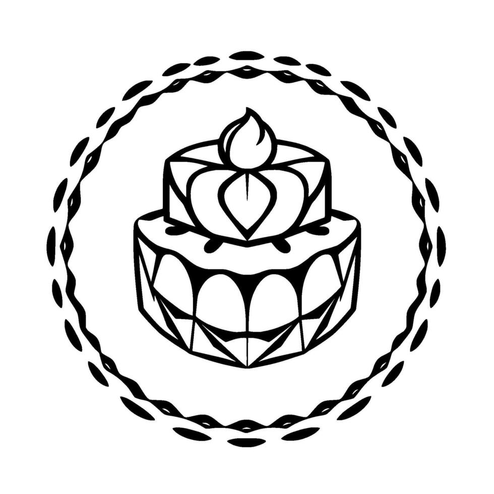 Twotiered celebration cake with leaf detail on top, surrounded by a decorative, scalloped frame in black and white, clean . vector