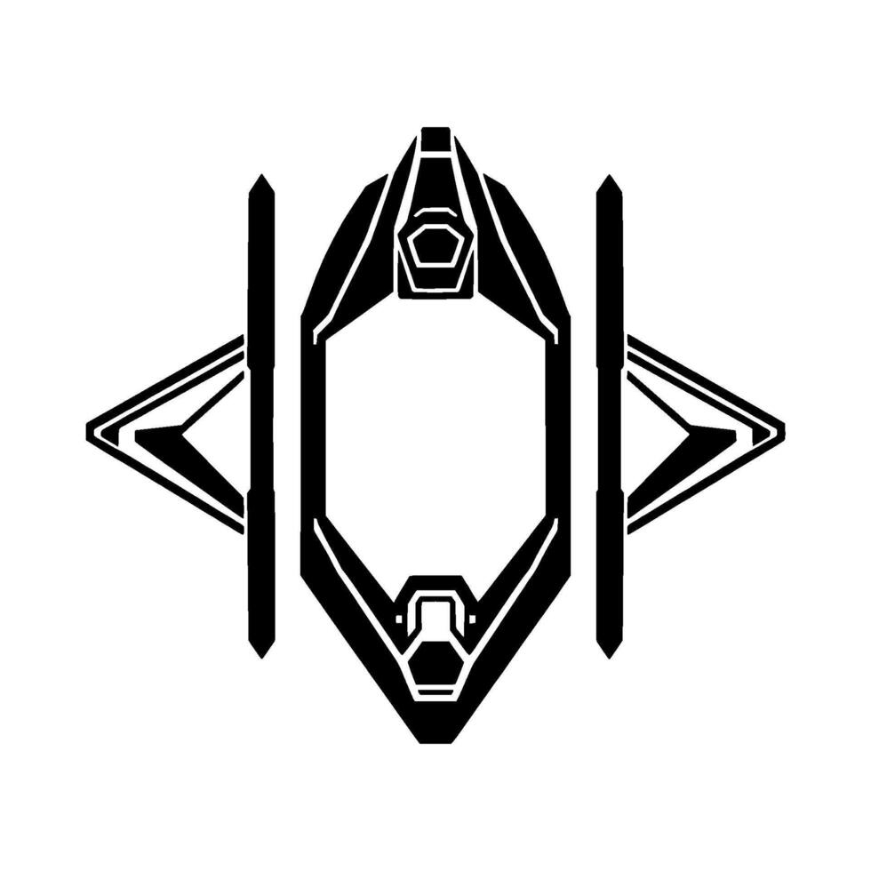 Symmetric Black and White Geometric Featuring an Abstract SpacecraftLike Hexagonal Frame with Arrowlike Elements and Vertical Bars, on a White Background. vector