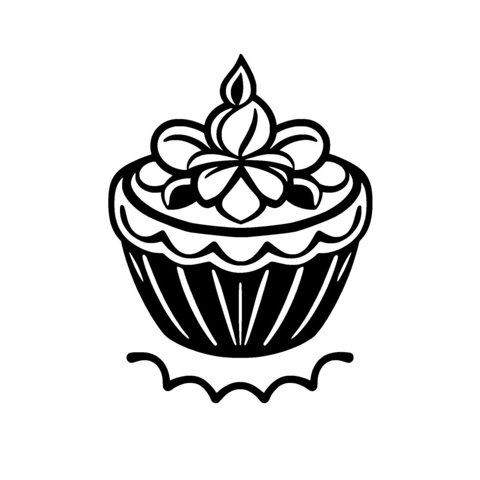 Bold Black and White Cupcake Illustration with Floral Frosting and Ornate Base on a White Background. vector