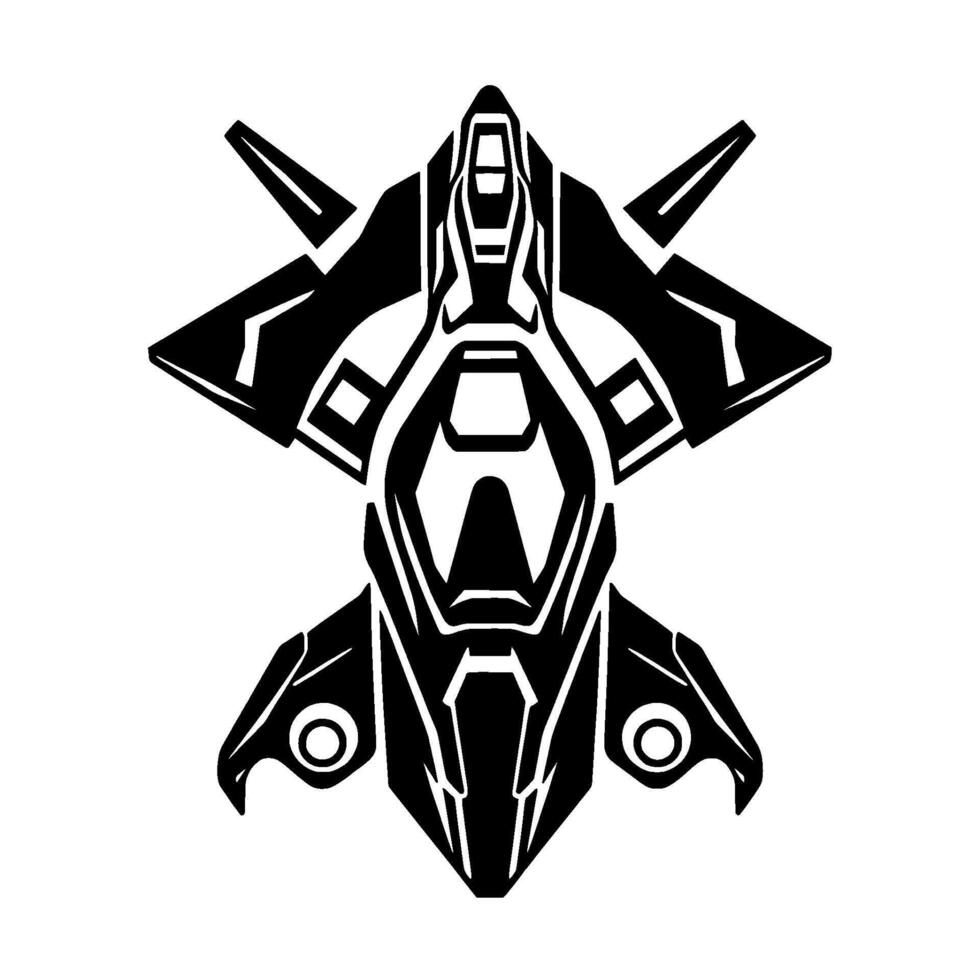 A symmetrical, bold, black and white illustration of a futuristic spacecraft , featuring sharp angles and geometric forms. vector