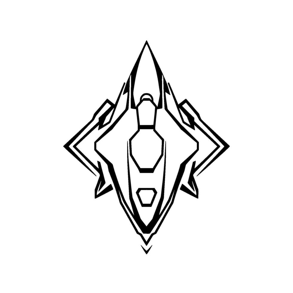 Abstract Geometric Spaceship in Black and White, Featuring Sharp Angles and Symmetry, Minimalist Aesthetic on a White Background. vector