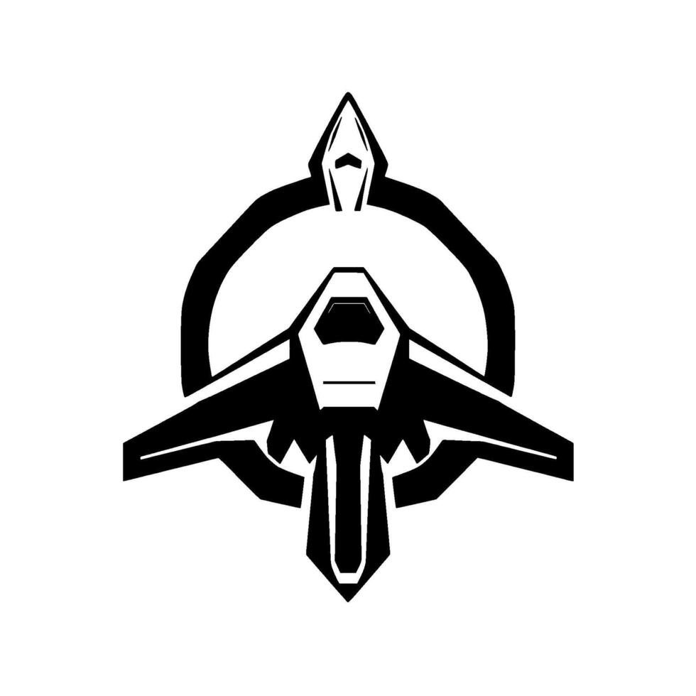 Abstract, Minimalist Black and White Illustration of a Futuristic Spacecraft and Symbolic Ring . vector