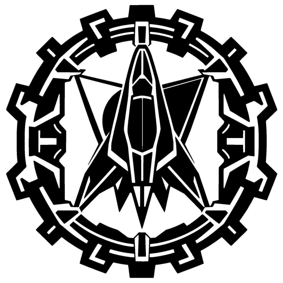 Geometric Black and White Emblem Futuristic Starship within Cogwheel on White Background, Futuristic Mechanical Aesthetic. vector