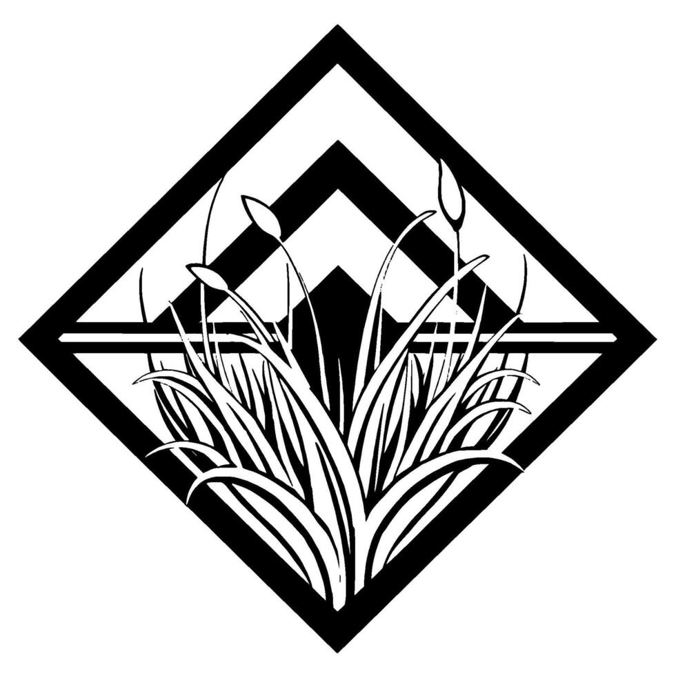 Black and white stylized diamond composition featuring reeds and aquatic plants, geometric elements, and mountain silhouette background. vector
