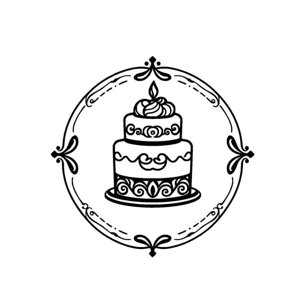 Elegant, symmetrical black and white illustration of a layered cake with intricate ornate details, within a decorative circular frame. vector