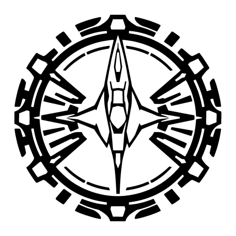 Intricate, Geometric Black and White Stylized Compass or Starburst Within a Circular, GearLike Frame, Abstract and Bold. vector