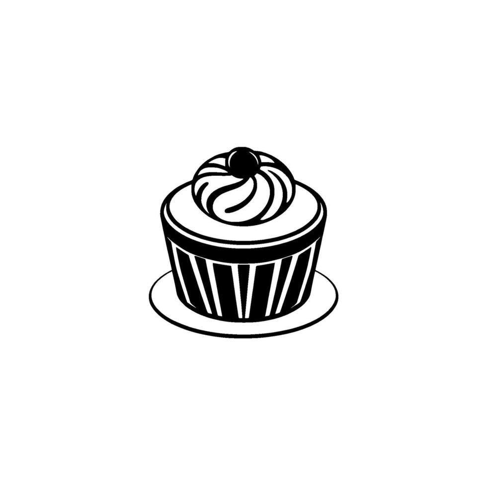 illustration of a stylized cupcake, black and white, featuring a swirl of frosting and a cherry on top, served on a minimalist plate. vector