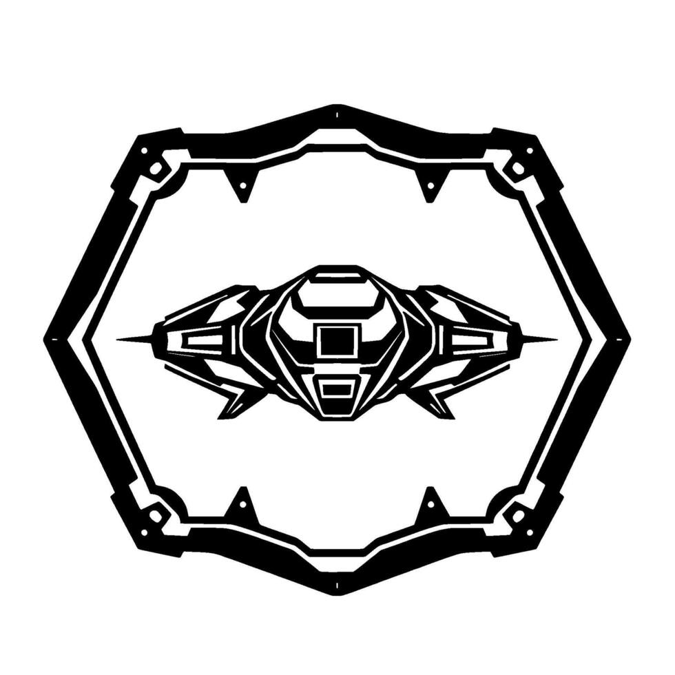 Futuristic Starship Inside a Geometric Hexagonal Frame, Monochrome Silhouette Style. vector
