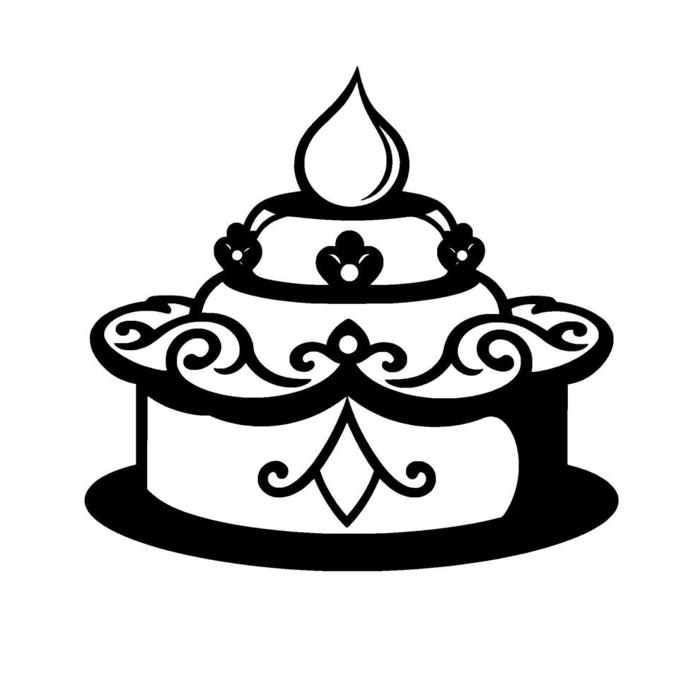 Elegant Monochrome Cake Illustration A multitiered cake with ornate scrollwork, floral accents, and a dropletshaped topper, set against a white backdrop. vector