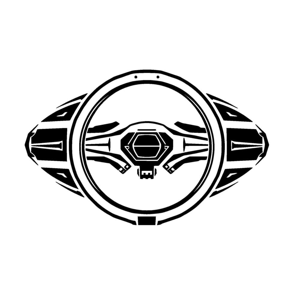 Stylized Black and White Depiction of a Futuristic Steering Wheel, with Geometric Shapes and Symmetrical . vector