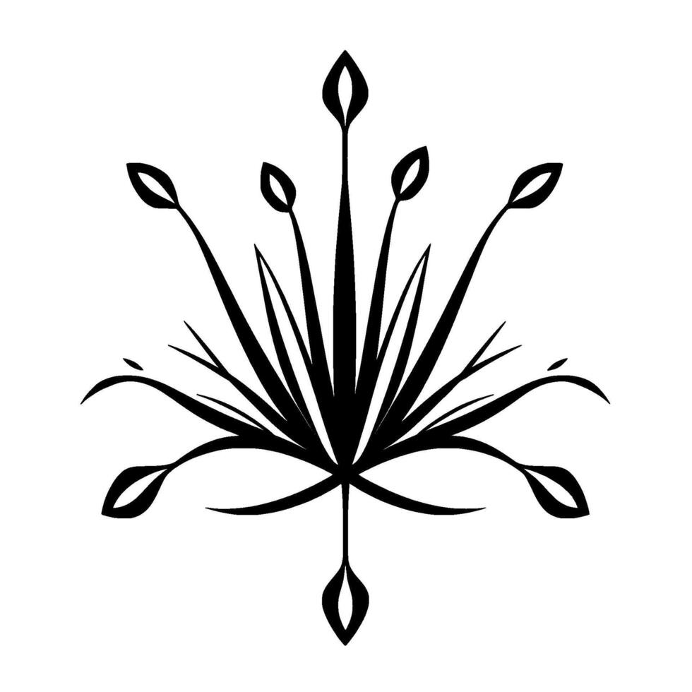 Symmetrical Black and White Floral with LeafShaped Accents, Pointed Buds and Delicate Line Work. vector