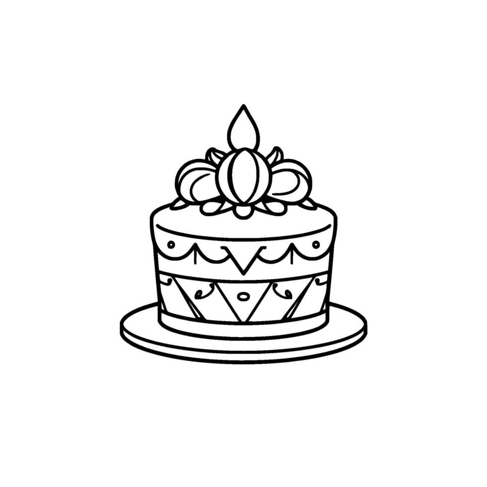 Detailed black and white line drawing of a layered cake with ornate patterns, topped with decorative elements, set on a plate. vector