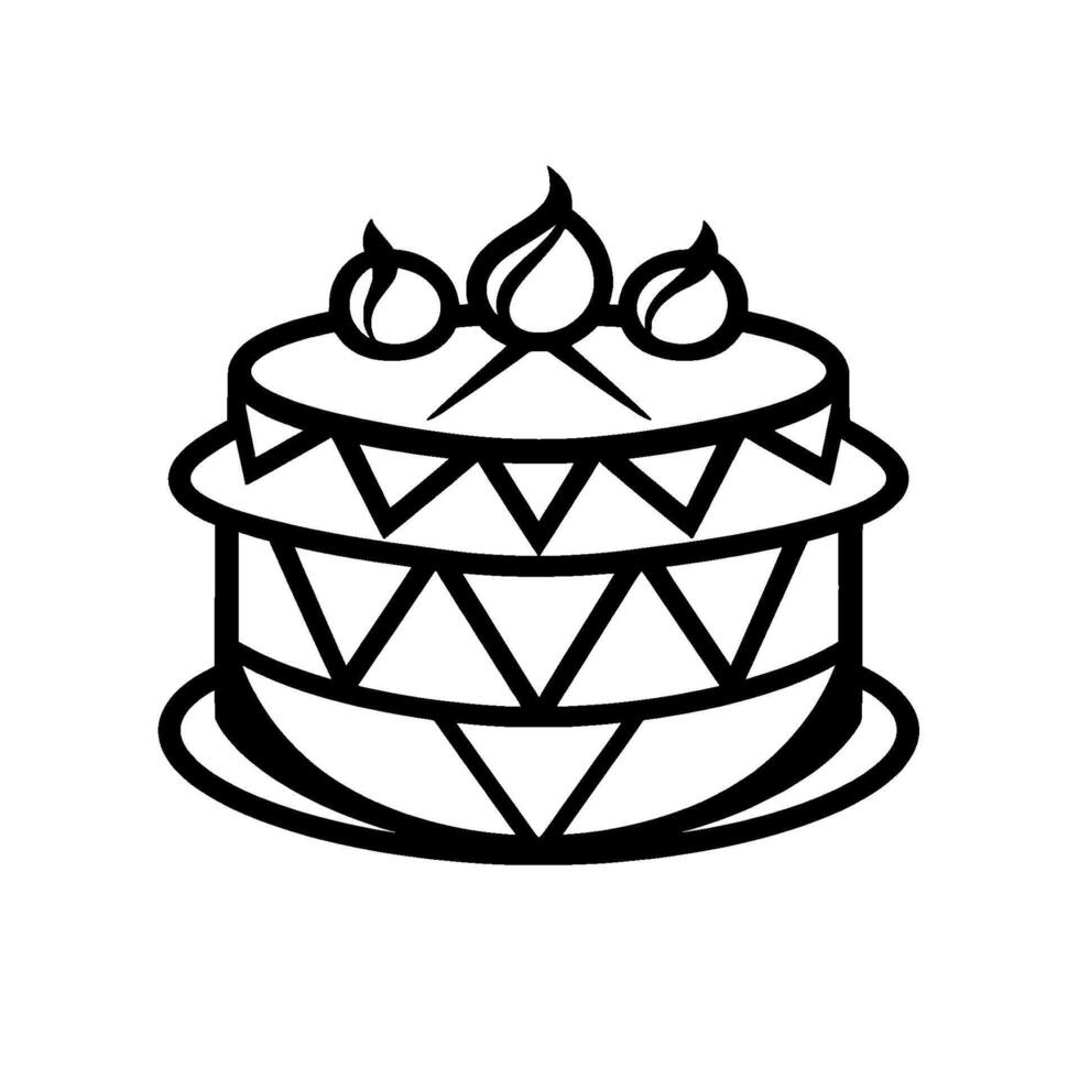 TwoTiered Black and White Cake with Triangle Patterns and Topped with Stylized Berries and Flames, Isolated on White. vector