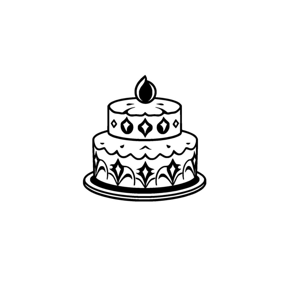 Minimalist Black and White TwoTier Cake with Geometric Ornaments, Topped with a FlameShaped Embellishment, on a Round Plate. vector
