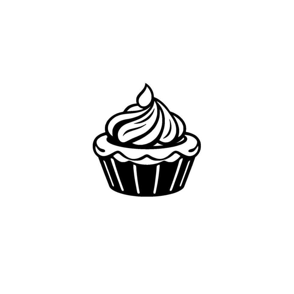 Bold Black and White Cupcake Illustration Minimalist with Swirls of Frosting and Elegant Lines, Isolated on White. vector
