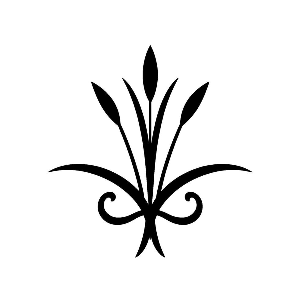 Intricate black and white floral featuring stylized reeds and decorative scrolls on a clean white backdrop. vector