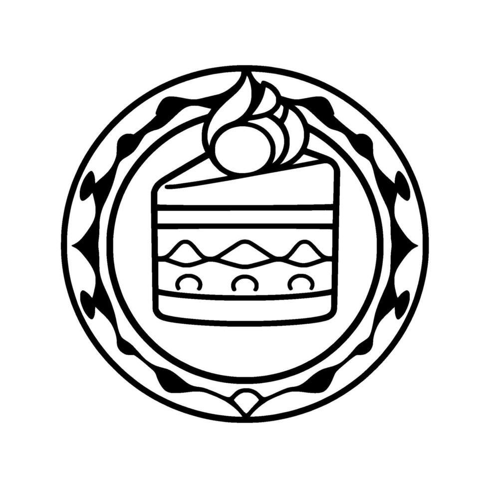 Monochromatic cake slice illustration within a decorative circular frame, featuring cream topping and layered . vector