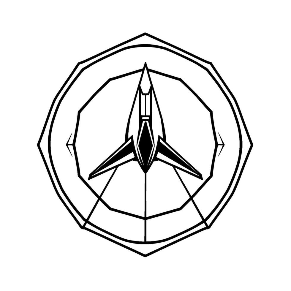 Minimalist Black and White Geometric Featuring a Central ArrowLike Symbol Within a Multifaceted Polygon and Circle Composition. vector