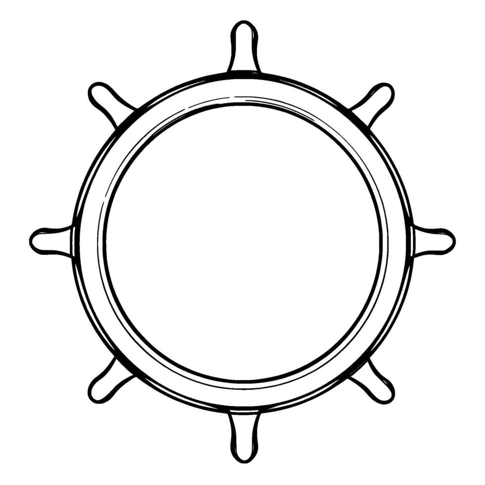 Minimalist Line Art Illustration of a Nautical Ships Wheel, Black and White, Isolated on White Background. vector