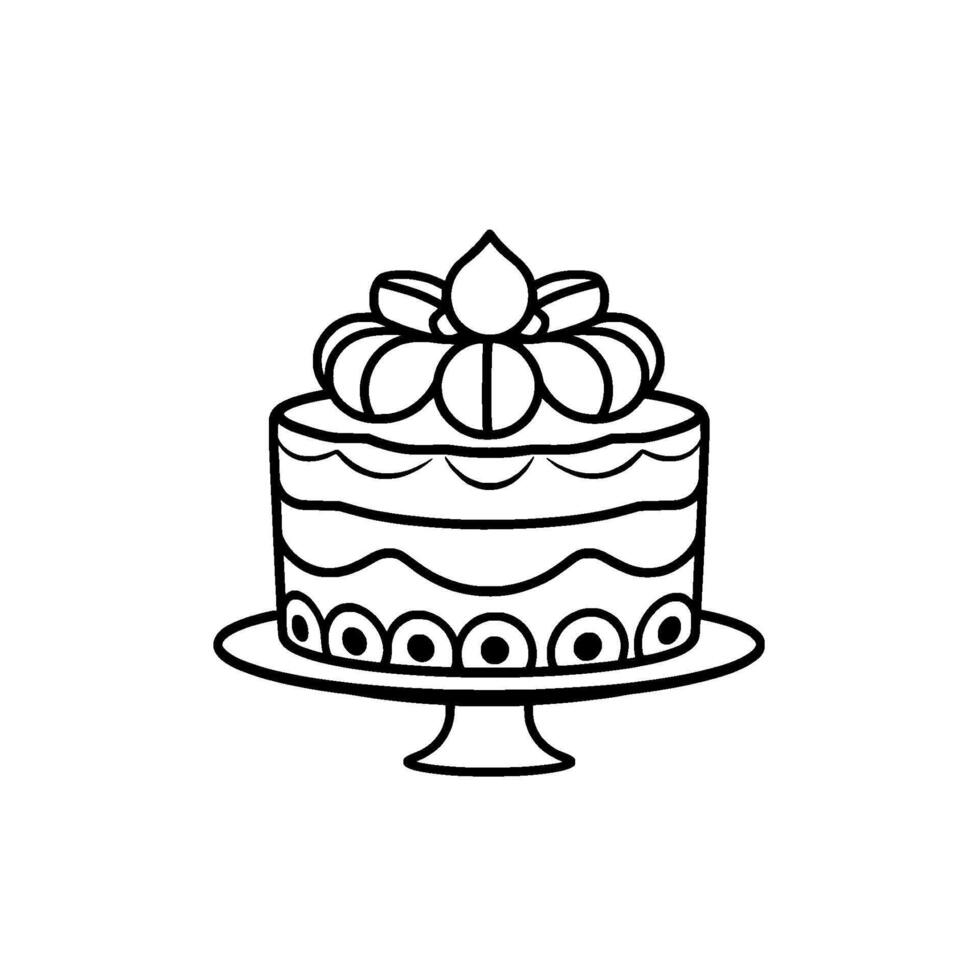 Black and white line art illustration of a layered birthday cake with decorative elements on a cake stand, set against a clean white background. vector