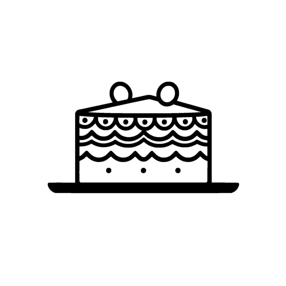 Simple black and white of a square layer cake decorated with scallops, dots, and two round toppers, on a plate. vector