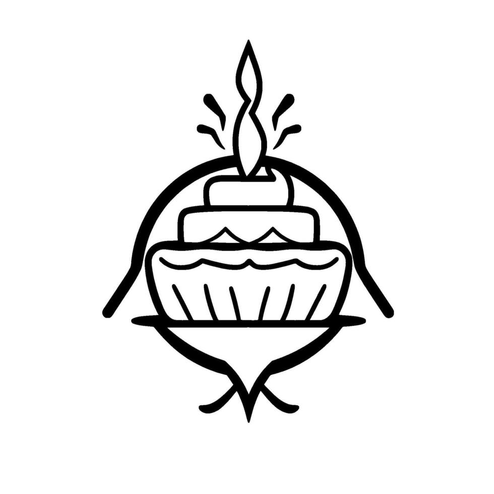 Elegant Black and White Line Art Cake with a Lit Candle and Decorative Elements on a White Background, Suitable for Logos. vector