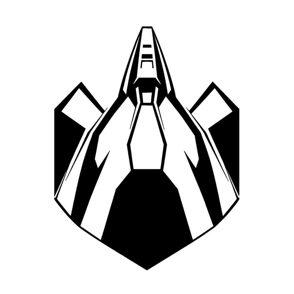 A symmetrical, black and white illustration showcasing a stylized, futuristic spacecraft or structure with geometric shapes on a white background. vector